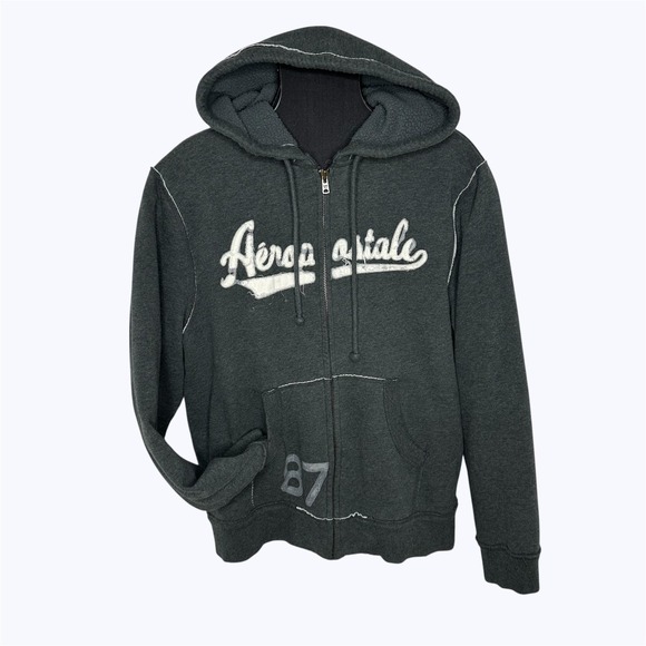 Aeropostale Other - Aeropostale Full Zip Hoodie‎ Charcoal Gray Sherpa Lined Distressed Y2K Mens XL